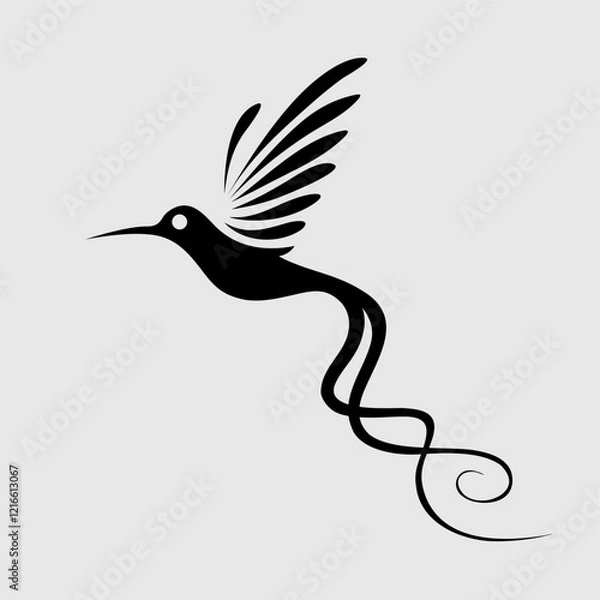 Fototapeta Elegant hummingbird silhouette with artistic wings and flowing tail in a black-and-white vector style. A stunning minimalist illustration perfect for logos, branding, tattoos, and nature-inspired desi