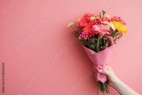 Fototapeta A hand holding a pink paper cone with flowers inside, on a solid background