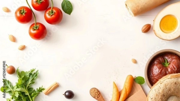 Obraz Flat Lay of Fresh Ingredients for a Healthy Meal Tomatoes, Bagel, Carrots, and More