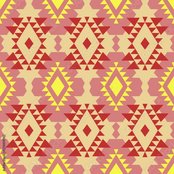 Fototapeta Yellow and red simple geometric, native American, ethnic boho seamless, tribal pattern. Retro style. Can be used for textiles, wallpaper, sarees, rugs, curtains, and home decor.
