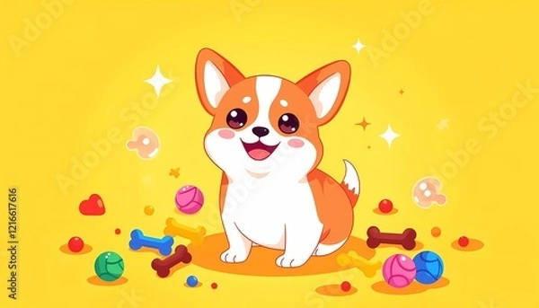 Obraz A banner for an online pet store with a playful dog surrounded by pet toys treats and accessories.