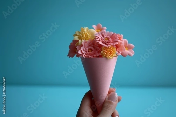 Fototapeta A hand holding a pink paper cone with flowers inside, on a solid background