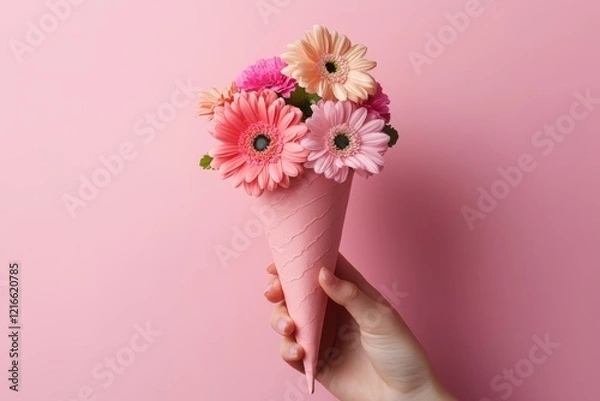 Fototapeta A hand holding a pink paper cone with flowers inside, on a solid background
