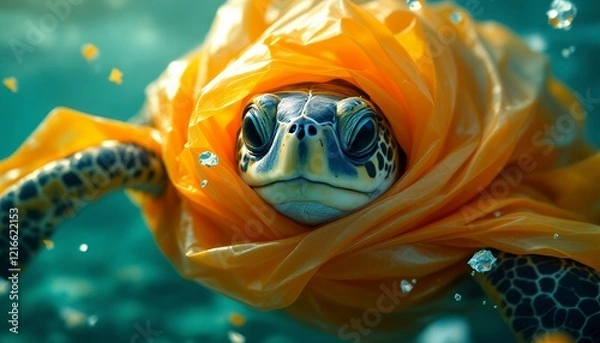 Obraz Sea Turtle Entangled in Plastic: A Silent Plea for Ocean Conservation