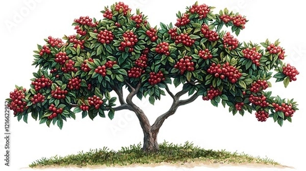 Obraz Lush Red Berry Tree Isolated on White Background.