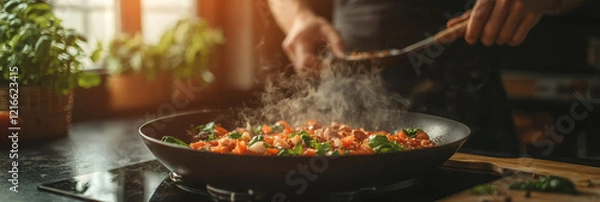Fototapeta A detailed close-up of hands preparing a healthy meal with fresh ingredients, emphasizing the importance of cooking at home for better nutrition and weight control,