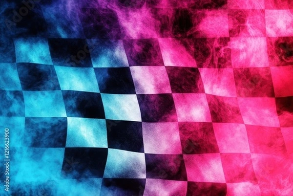 Obraz Checkered Flag in Pink and Blue Smoke, Racing Finish Background