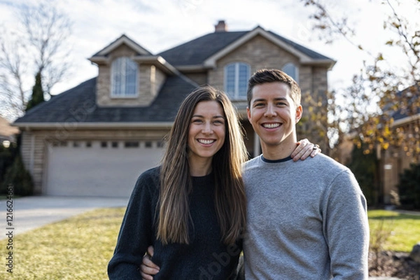 Obraz The image shows a cheerful couple standing in front of a two-story house with a garage and a well-kept lawn