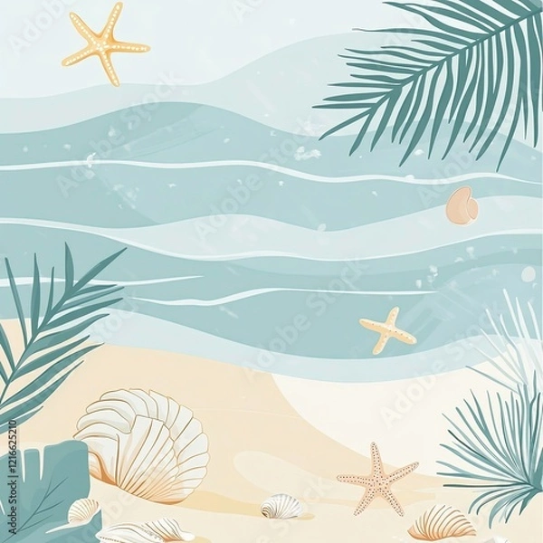 Fototapeta Relaxing coastal scene with waves, sandy beach, and seashells under clear skies