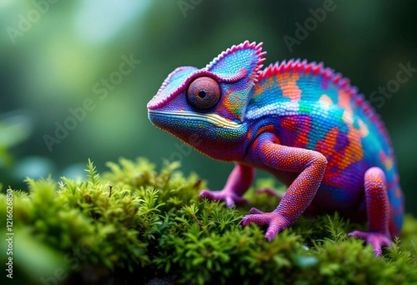 Fototapeta Vibrant Chameleon on Moss: A Surreal, Colorful Portrait