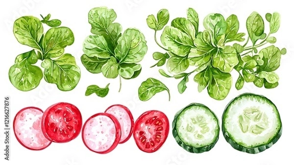 Fototapeta Watercolor illustration of fresh vegetables radish, tomato, cucumber and different types of lettuce.