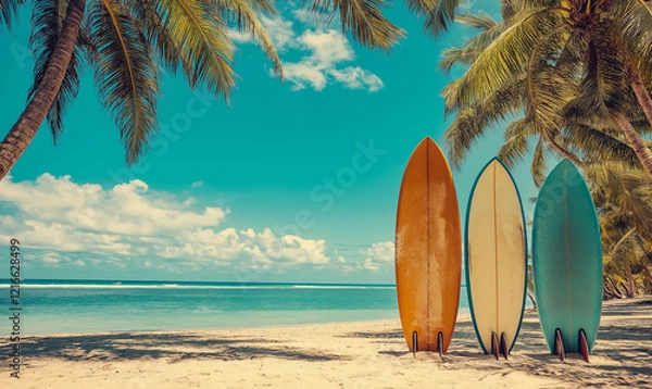 Fototapeta Vintage surfboards standing on the beach with palm trees and a blue sky, a summer vacation concept.