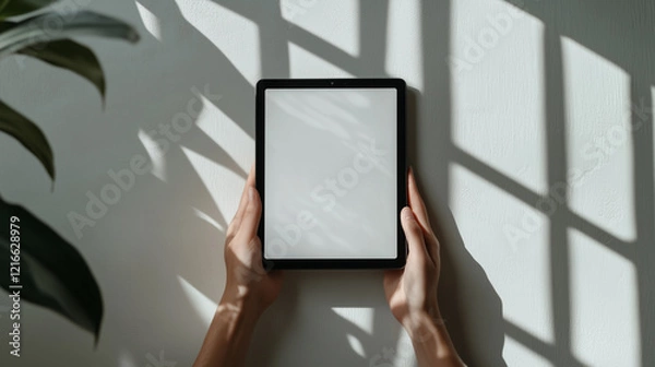 Fototapeta 大切なタブレットを両手で優しく持つ | 光と影の共演