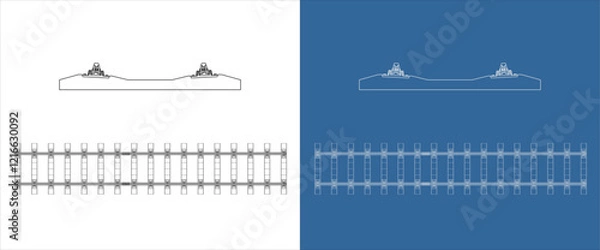 Fototapeta technical wireframe  railway track, showcasing a cross-sectional view and a top-down layout