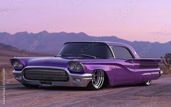Obraz Purple classic car in desert at sunset.
