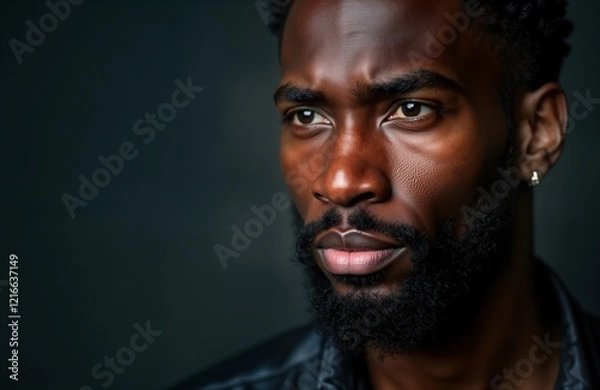 Fototapeta Close-up portrait of a young serious African American man. He has a thoughtful expression. Casual urban style. Photo captures a moment of introspection. Deep focus on his face.