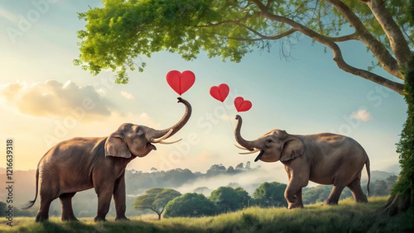 Fototapeta This image portrays a heartwarming and whimsical scene of two elephants in a natural landscape, expressing their affection through heart-shaped balloons. 