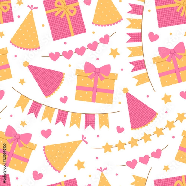 Fototapeta Seamless pattern with gift boxes, party hats and garlands in pink and yellow colors on white background. Birthday, anniversary celebration. Vector flat illustration for wallpaper, textile, packaging
