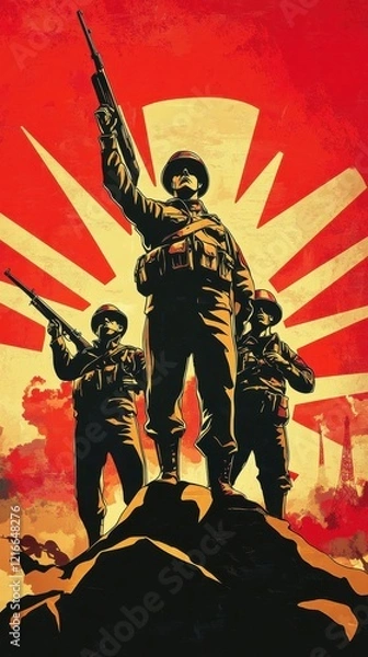 Fototapeta Three Soldiers Stand Victorious On A Hilltop