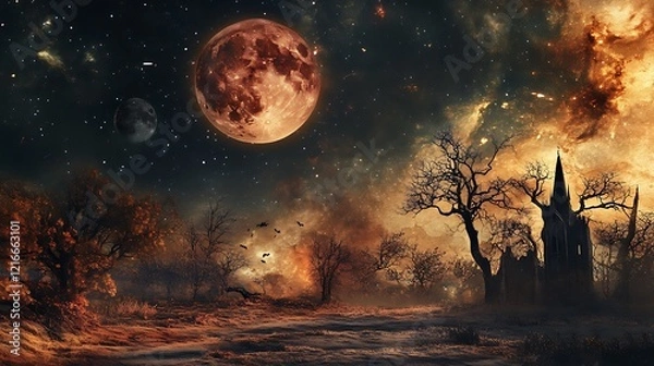 Fototapeta An Eerie Night Sky with a Red Moon, a Church, and Bats Flying Through the Air
