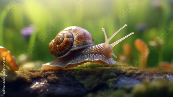 Fototapeta Snail On Tree Bark With Background Blur 