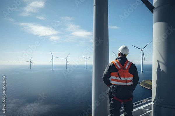 Obraz Worker on top of an offshore wind turbine looking at the ocean.