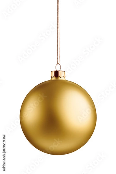 Fototapeta Realistic gold matte christmas ball with ribbon isolated on a transparent background, PNG. High resolution.