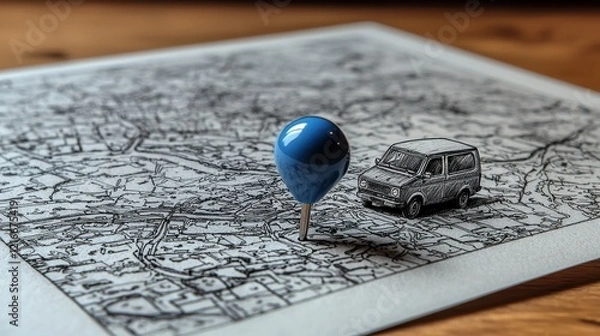 Obraz Blue pushpin marking delivery van location on hand-drawn map.