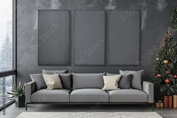 Fototapeta Modern Living Room with Grey Couch and Christmas Tree Decoration