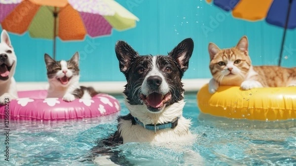 Fototapeta A joyful dog swims in a pool surrounded by playful cats on floaties, capturing a fun summer vibe.