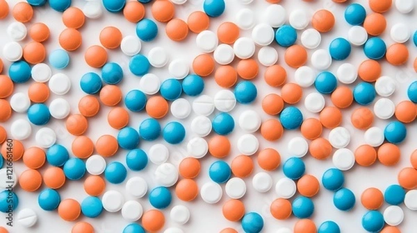 Fototapeta A colorful assortment of small round candies in blue, orange, and white, arranged neatly on a light background.