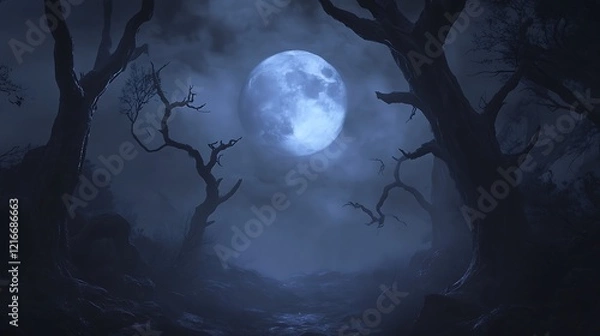 Obraz A large blue moon shines in the sky above a misty forest with bare trees.