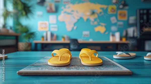 Obraz Two pairs of colorful sandals rest on a map, surrounded by an engaging bulletin board filled with notes and images, creating a lively office vibe that inspires creativity and exploration