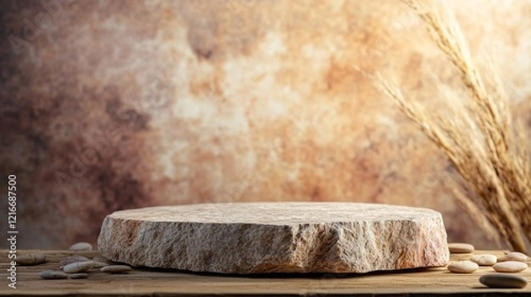 Obraz Display of a round stone on a wooden surface with a blurred background and decorative elements in a natural setting