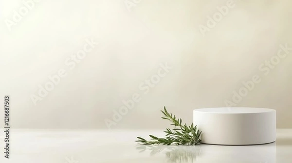 Fototapeta Simple white pedestal with a green sprig against a soft neutral background in a minimalist setting