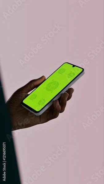 Obraz Black African-American young male using smartphone with a blank green screen. Mobile app video mockup. Vertical phone orientation