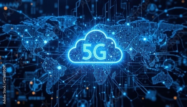 Fototapeta Global 5G network cloud data digital world map