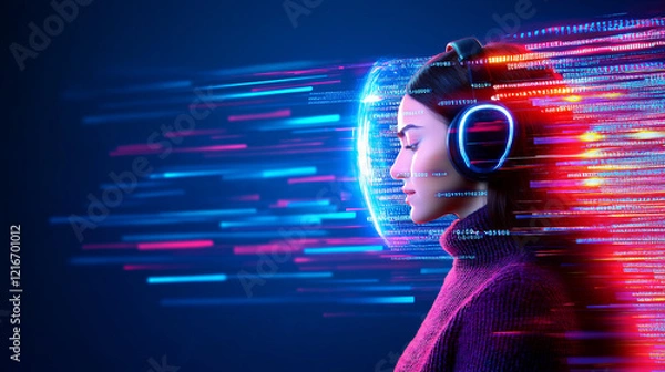 Fototapeta Side profile of a woman wearing futuristic headphones, surrounded by digital data streams and neon lights. Concept of artificial intelligence, virtual reality, and high-speed digital transformation in