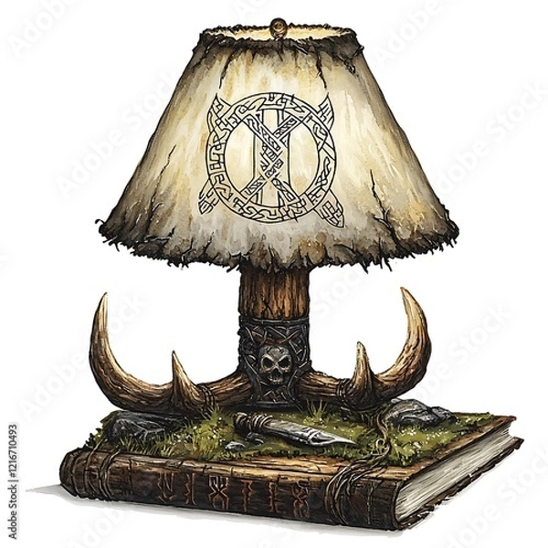 Fototapeta Fantasy Table Lamp on Ancient Book with Runes and Antlers