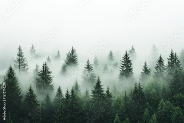 Fototapeta Mist envelops a serene forest, creating an atmosphere of mystery and calmness during the early hours of dawn