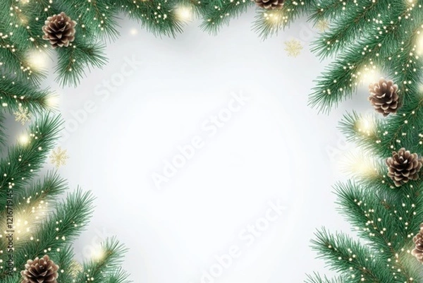 Obraz Elegant christmas tree decorations on bright background: festive evergreen accents, joyful atmosphere, holiday wreath, authentic spruce branches with shimmering gold touches