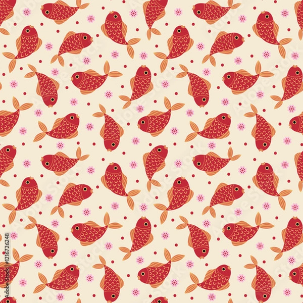 Fototapeta Chinese New Year stylized lucky koi fish on beige vector seamless pattern design.