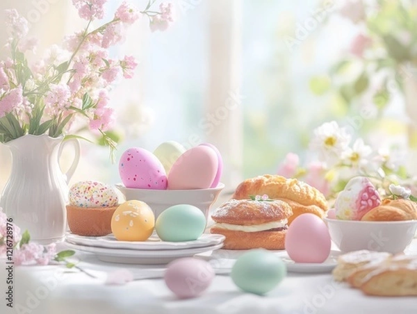 Fototapeta Delightful Easter breakfast table adorned with colorful painted eggs, pastries, and fresh spring flowers. Generative AI