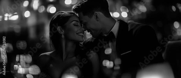Fototapeta A romantic black and white portrait of an elegantly dressed couple in intimate moment, with woman in evening dress and man in tuxedo against blurred bokeh background. Generative AI