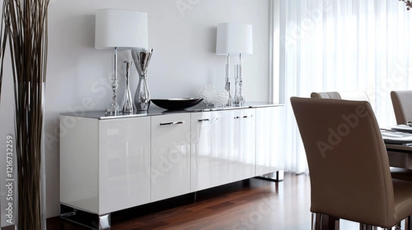 Obraz Modern Dining Room with White Buffet Cabinet and Crystal Lamps