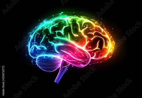Obraz Futuristic Neon Brain With Multicolored Glowing Neural Connections, Showcasing Artificial Intelligence, Neural Networks, Data Flow,