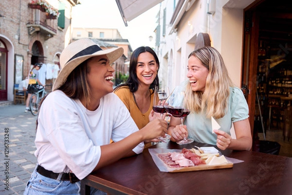 Fototapeta Three happy female friends are toasting with glasses of red wine while sitting at a table outside a restaurant in a picturesque Italian town, enjoying a selection of cheese and cured meats