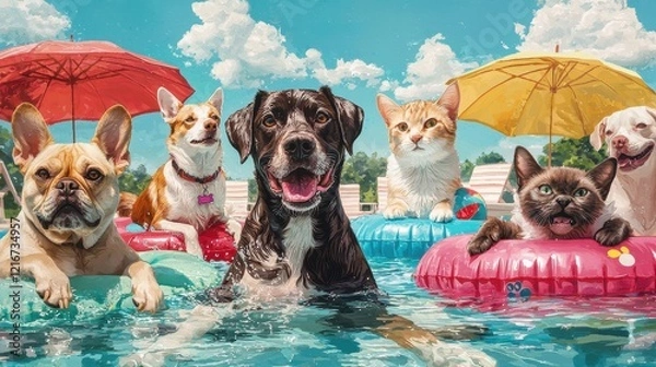 Obraz A lively scene of dogs and a cat enjoying a sunny day in a pool, complete with colorful floaties and umbrellas.