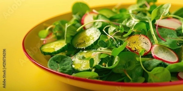 Obraz A plate of salad with cucumbers, radishes, and greens. The salad is served on a yellow plate with red accents