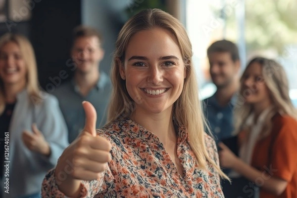 Fototapeta Businesswoman Gesturing Thumbs-Up Standing With Joyful Employees Team In Office, Generative AI